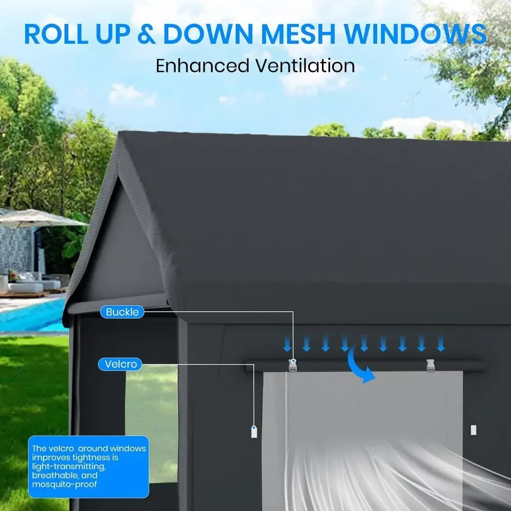 Roll-up mesh windows with velcro seals for ventilation