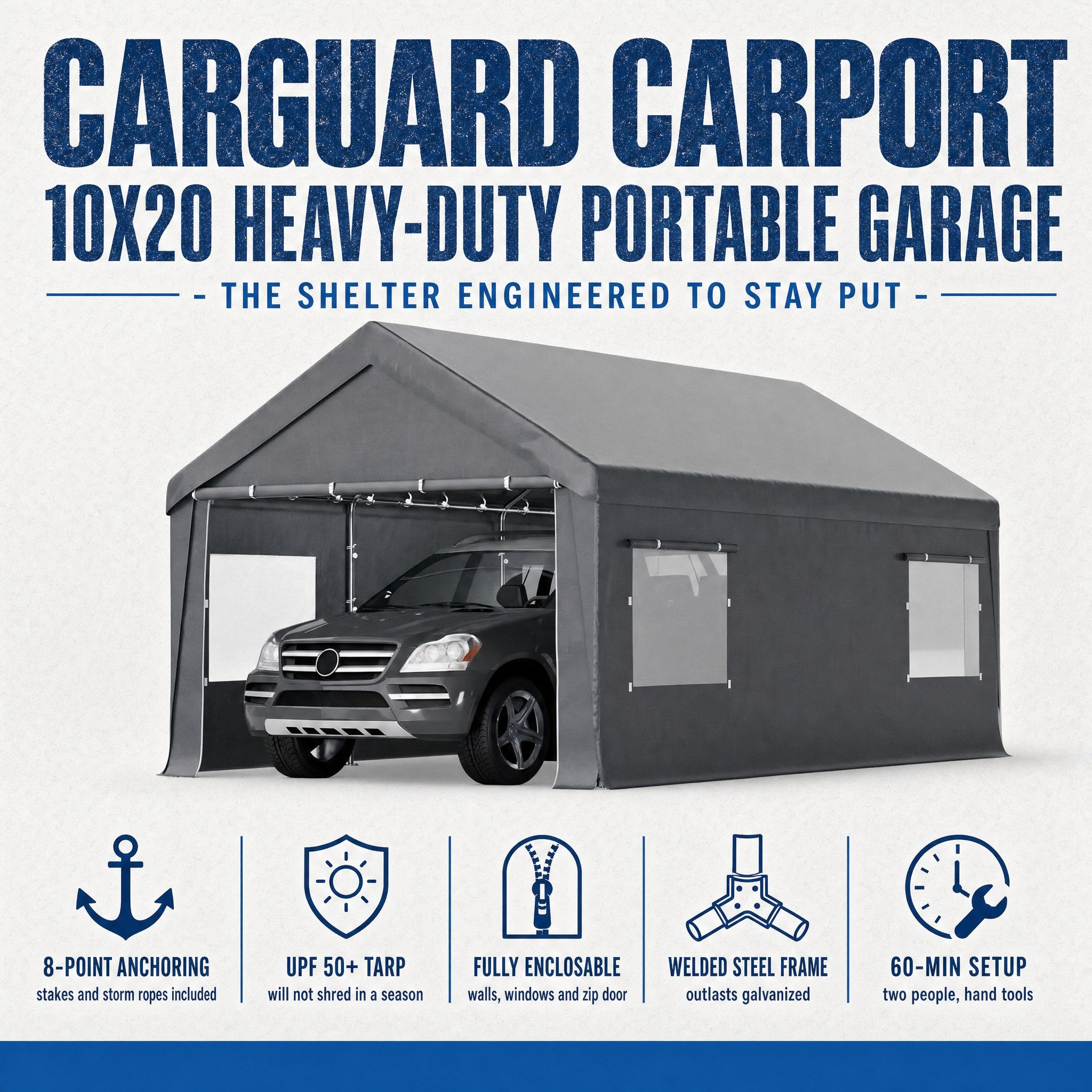 CarGuard Carport — 10x20 heavy-duty portable garage with key features