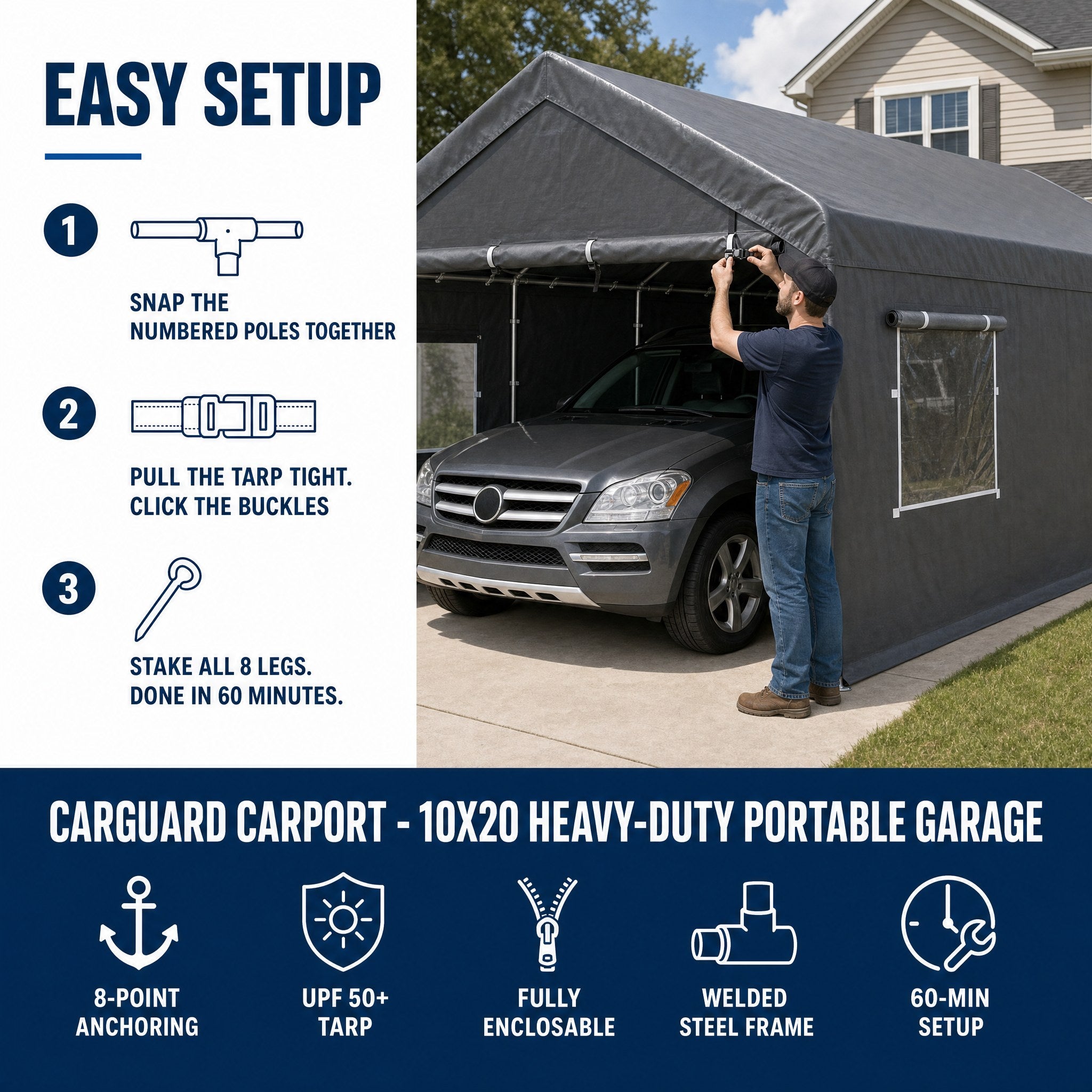 Easy setup — snap the numbered poles, buckle the tarp, stake all 8 legs